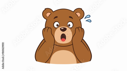 Playful cartoon brown bear with expressive face and hands covering cheeks