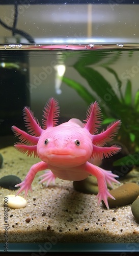 Captivating Axolotl Portrait - A Pink Amphibians Gaze in its Aquarium Habitat.