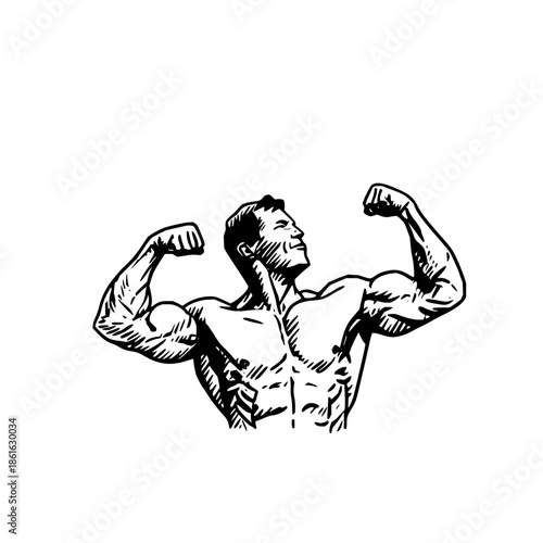 Muscular Man Flexing Biceps in Black and White Illustration