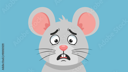 White mouse with disgruntled expression on light blue background