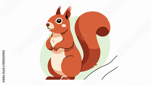 Cartoon illustration of a friendly brown squirrel with a cream belly standing on hind legs on a light green background
