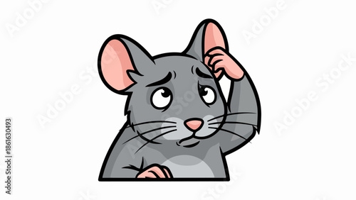 Cartoon mouse illustration with pink ears and whiskers on a light gray background