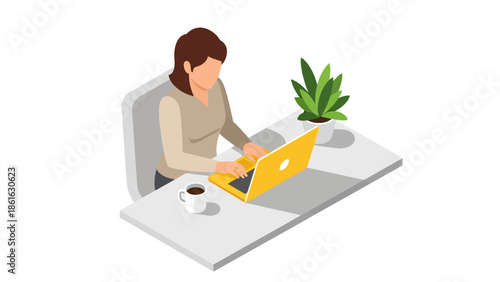 Isometric office workspace with woman using laptop and coffee desk setup