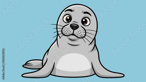 Playful cartoon seal pup sitting upright with front flippers on belly