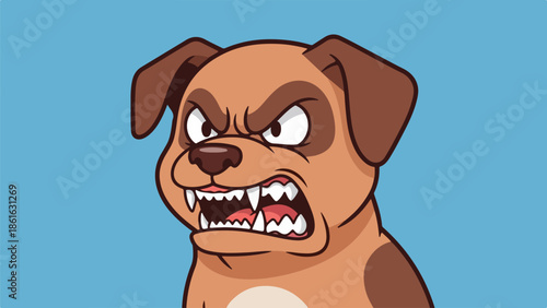 Angry cartoon dog with brown fur and perked-up ears on a light blue background