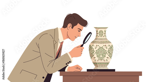 Curious man examining antique vase with magnifying glass in art deco style