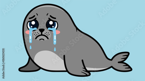 Cartoon-style illustration of a seated seal with blue tears on a light blue background
