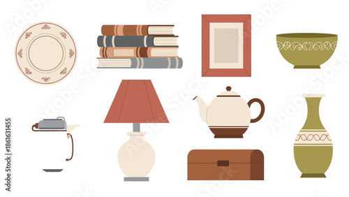 Vintage home decor collection: flat design of books, lamps, and kitchenware