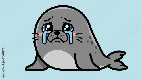 Cartoon illustration of a sad seal with tear-filled eyes on a light blue background