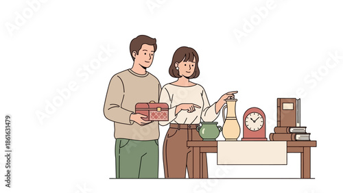 Couple browsing antiques with interest in diverse collection of vintage items