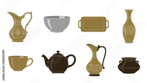 Vintage ceramic and metalware collection: bowls, jugs, and teapots in decorative style