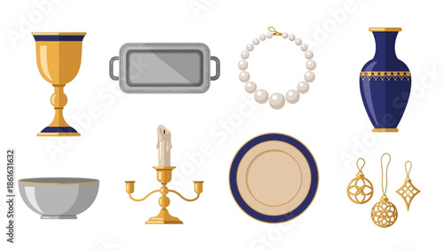 Elegant tableware collection with gold accents and pearl jewelry on white background