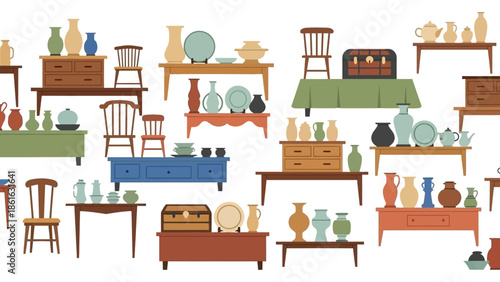 Mid-century modern furniture with decor in seamless pattern