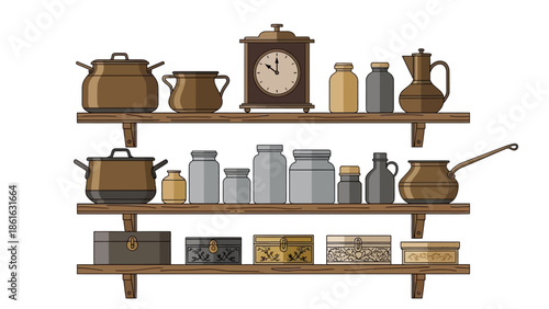 Vintage kitchen shelf with rustic cookware and jars
