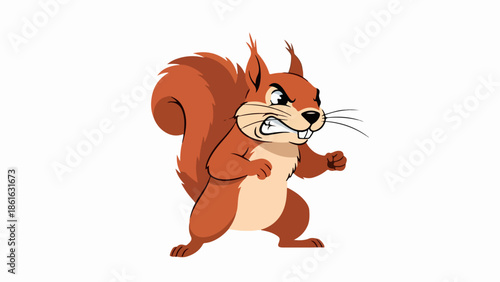 Close-up portrait of a squirrel in an upright, dynamic pose with clenched paws and intense expression