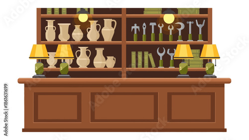 Antique store interior with shelves of vintage pottery and tools