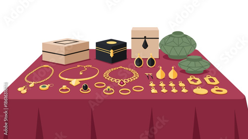 Elegant jewelry collection on display with necklaces, rings, and earrings on red velvet table