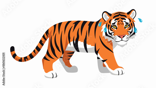 Flat-style illustration of a tiger with blue teardrops on a neutral background