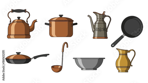 Vintage kitchenware collection: classic teapot, saucepans, and cooking utensils in retro style