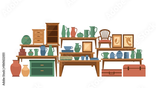 Vintage home decor collection with retro furniture and pottery accents