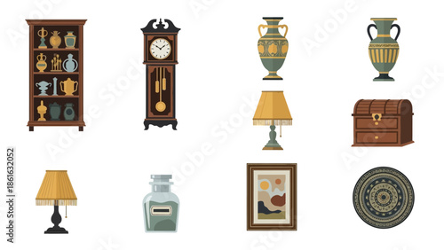 Vintage home decor collection featuring lamps, clocks, vases, and cabinets in traditional style