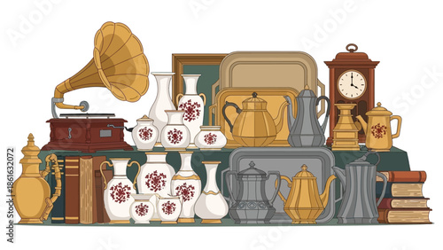 Vintage collection: antique ceramics, books, and clocks with retro charm