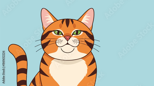 Close-up portrait of an orange tabby cat with green eyes and black stripes on a light blue background