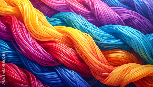 Intricately intertwined colorful yarns creating a vibrant pattern