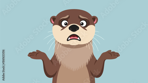 Cartoon otter with arms outstretched, bewildered expression, brown fur, light blue background