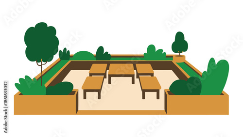 An empty outdoor seating area with tables and benches surrounded by greenery.