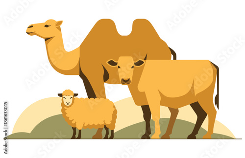 A camel, cow, and sheep stand together, representing livestock and farm animals.