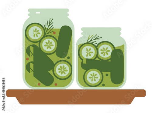 Two jars of pickles sit on a wooden shelf, a culinary preservation concept.