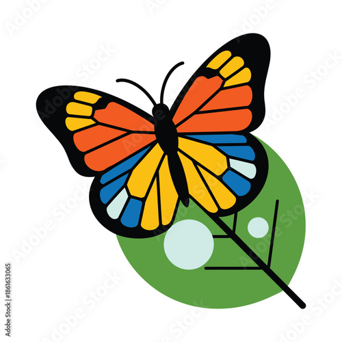 A vibrant butterfly rests on a green leaf with dew drops.