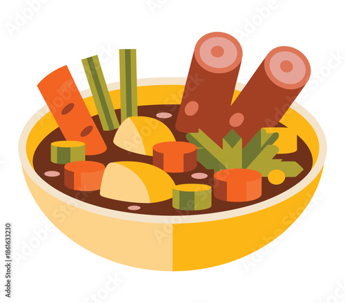 A bowl of hearty stew with vegetables and meat is depicted in a stylized illustration.