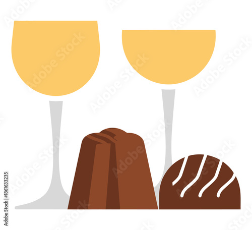 Two glasses of white wine with chocolates.
