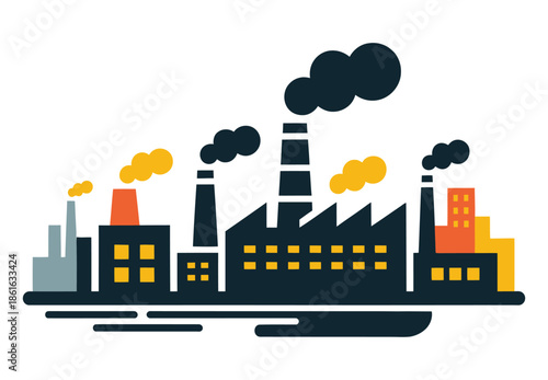 A stylized illustration of industrial factory buildings emitting smoke from chimneys, symbolizing industry and pollution.