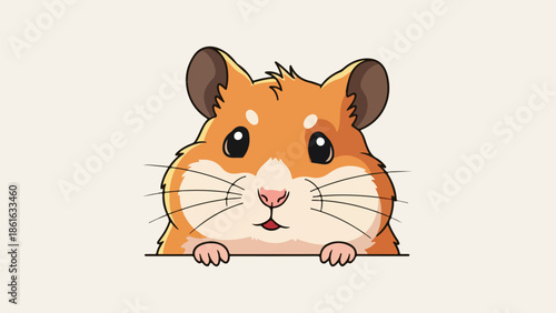 Charming hamster with brown and white fur peeking over a line on a beige background