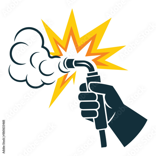 A gloved hand holds a welding torch, emitting smoke and sparks.