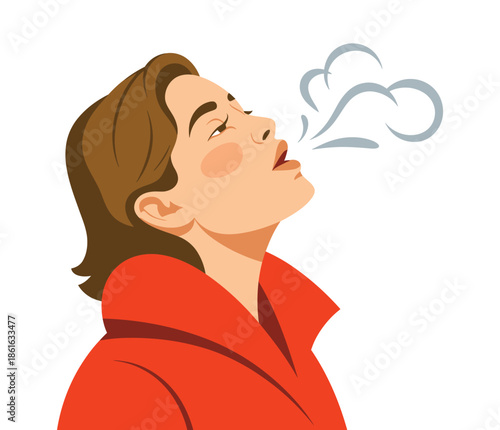 A person exhales a visible breath of steam, signifying cold or exertion.