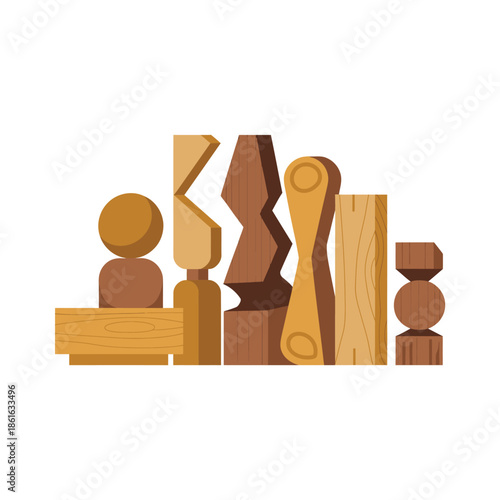 A collection of wooden abstract sculptures and blocks are displayed on a white background.