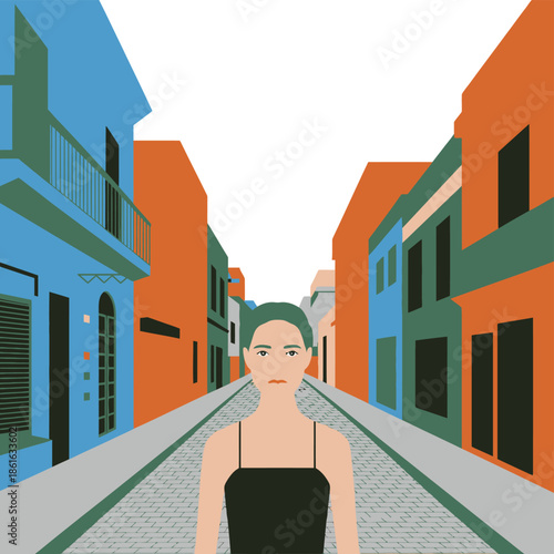 A solitary woman stands in the middle of a colorful, empty street.