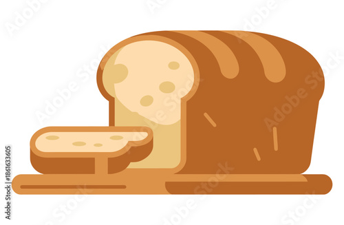 A loaf of bread sits on a wooden cutting board with a slice cut off.
