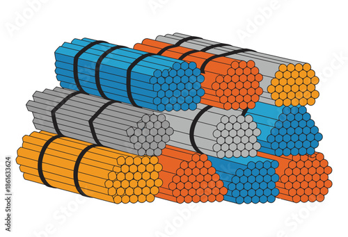 Bundles of colored metal rods stacked neatly in a warehouse.