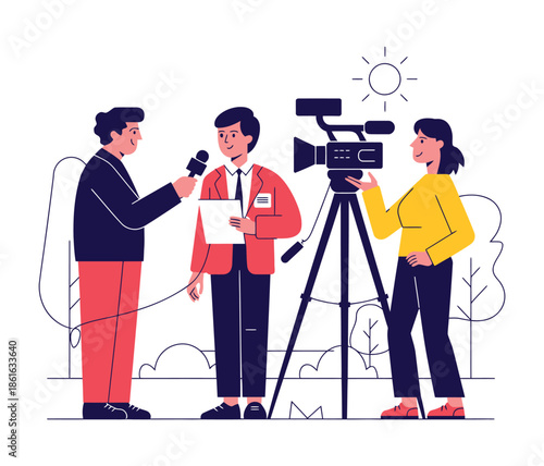 Journalists conduct an interview with a microphone and camera outdoors.