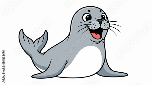 Cheerful cartoon seal with raised flippers waving at the viewer