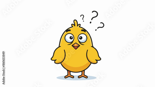 Cheerful cartoon chick with question marks above its head on a light blue background