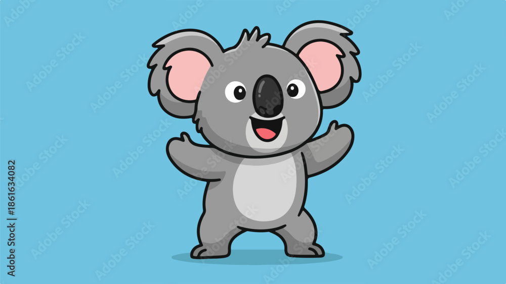 Fototapeta premium Close-up portrait of a koala standing upright with arms raised on a light blue background
