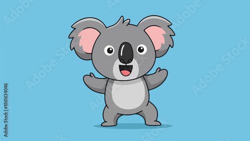 Cartoon koala standing upright with outstretched arms on a light blue background