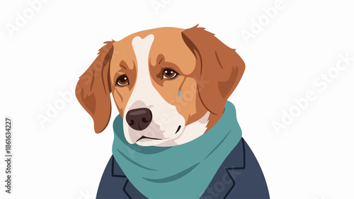 Illustration of a Beagle dog with a tricolor coat and teal scarf on a light beige background