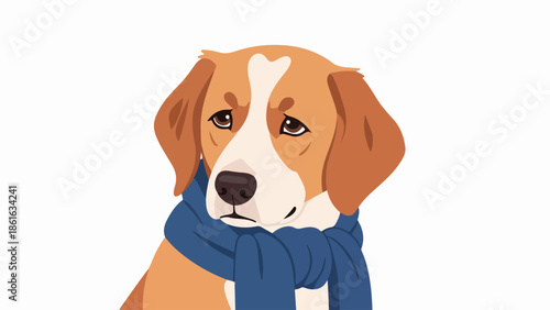Beagle with blue scarf on light beige background